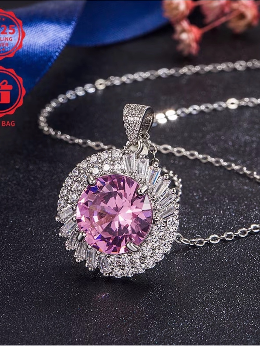 Silver Necklace with Purple Crystal Halo Pendant - Picture 4 of 5